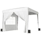 White pop-up canopy tent with sidewalls, open doorway and roof frame detail