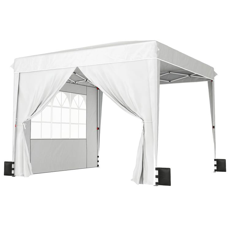 White pop-up canopy tent with sidewalls, open doorway and roof frame detail