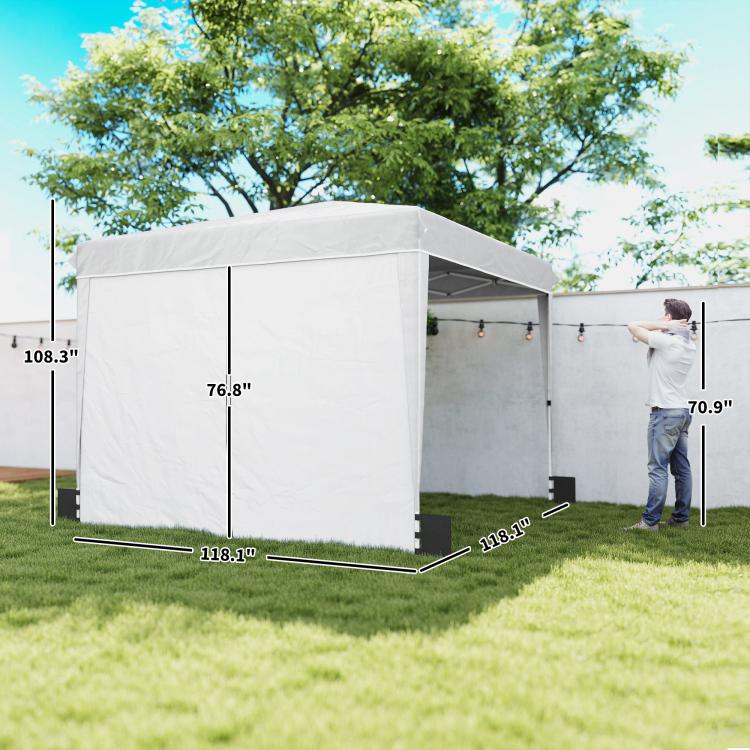 White pop-up canopy tent with sidewalls, showing frame and size dimensions