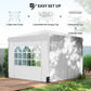 White pop-up canopy tent with sidewalls on deck, fully assembled
