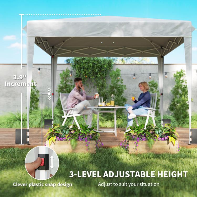 White pop-up canopy tent with sidewalls, 3-level adjustable height over table