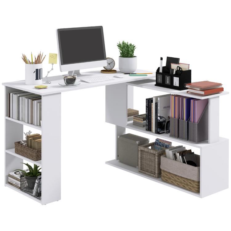 White L-shaped corner computer desk with open shelves and lower storage cubbies