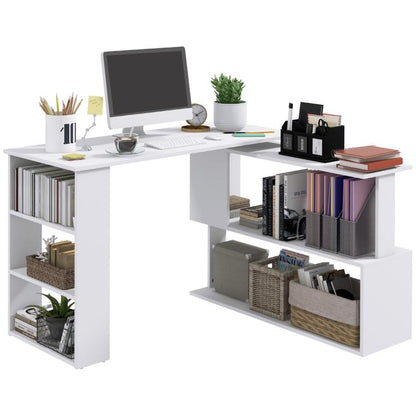 White L-shaped corner computer desk with open shelves and lower storage cubbies