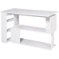 White writing desk with built-in open shelves and raised tabletop