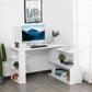 White L-shaped home office desk with open shelves and corner workstation