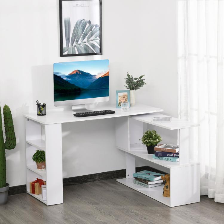 White L-shaped home office desk with open shelves and corner workstation