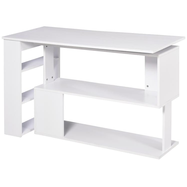 White L-shaped desk with long tabletop and two open storage shelves