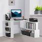 White corner desk workstation with open book shelves and storage cubbies