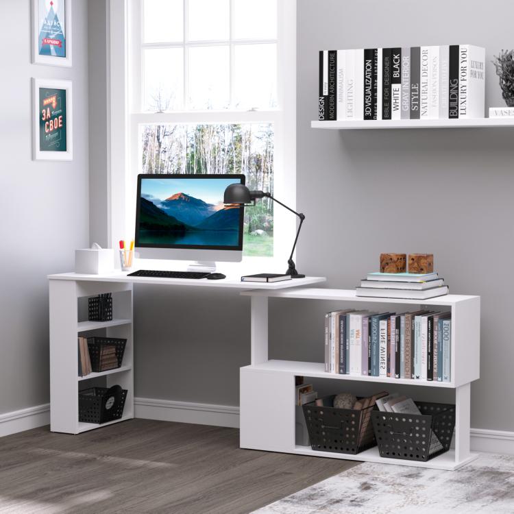 White L-shaped desk with side cubby shelves and book storage compartments