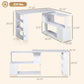 White L-shaped desk size diagram with shelf sections and overall dimensions