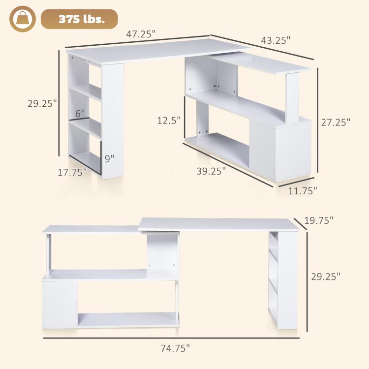 White L-shaped desk size diagram with shelf sections and overall dimensions
