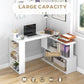 White corner desk with open shelves and side storage bins for books and supplies