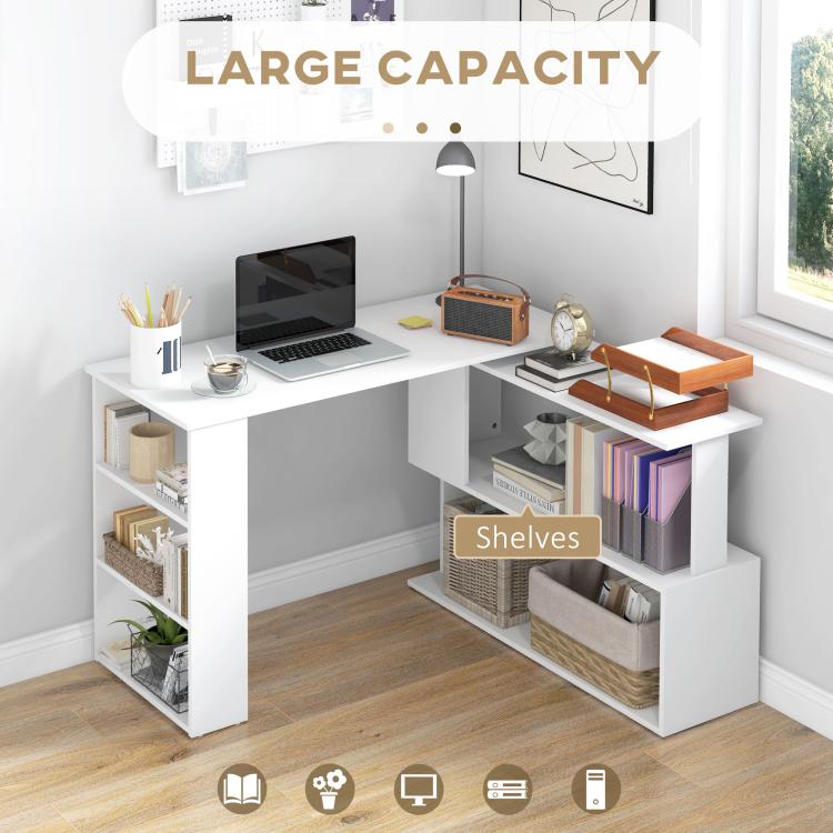 White corner desk with open shelves and side storage bins for books and supplies