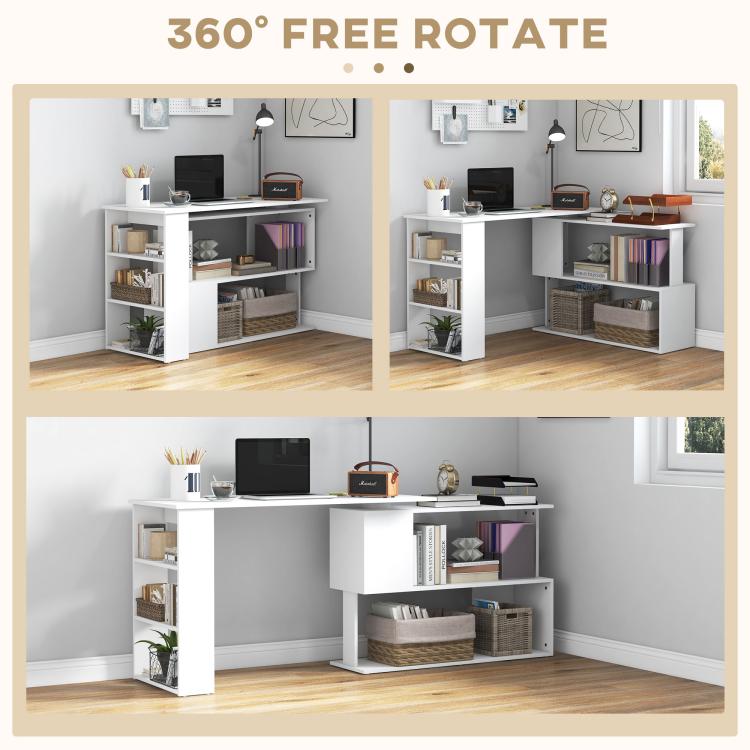 White rotating corner desk workstation with open shelving on multiple sides