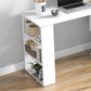 White corner desk side shelf tower with open cubbies for books and folders