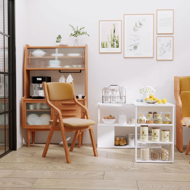 White open shelving unit with countertop display and lower storage shelves