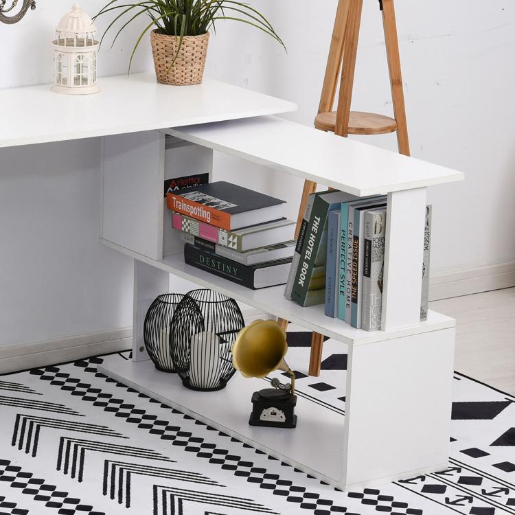 White L-shaped desk with open middle shelf and cubby storage for books and decor