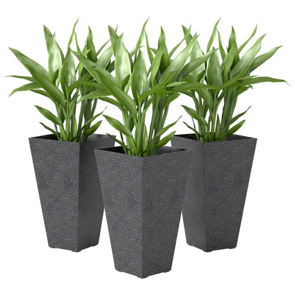 Set of 3 black marble-finish plastic planters with square tapered shape and green plants