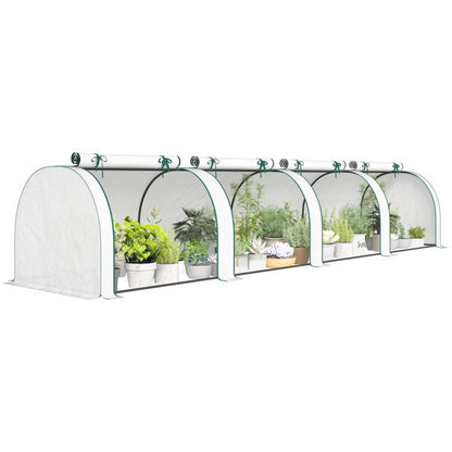 Portable mini greenhouse with arched frame and white PE cover, multiple roll-up doors