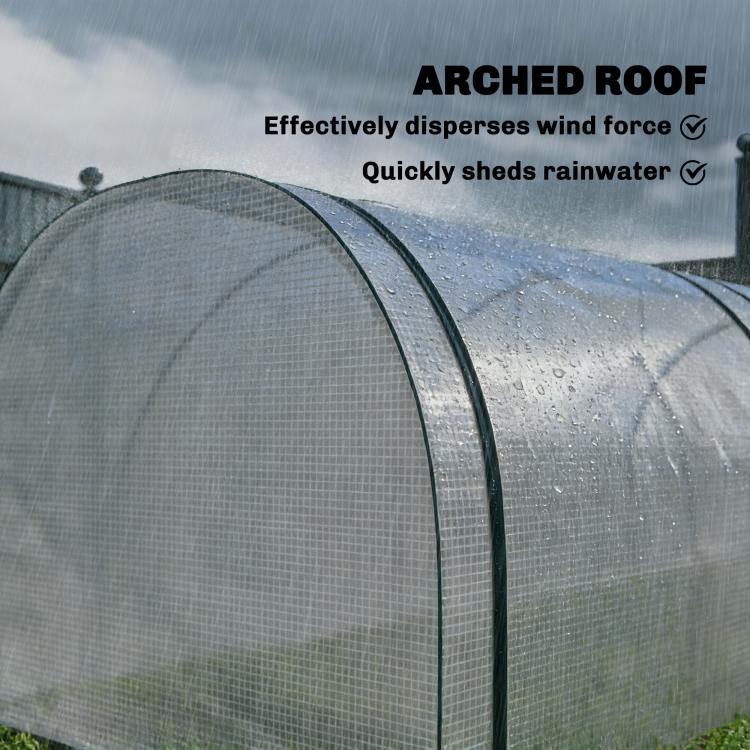 Arched roof PE cover of a mini greenhouse with visible droplets on the fabric