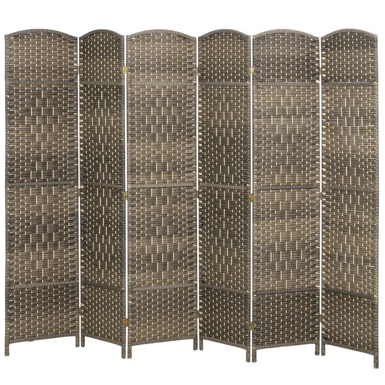 6-panel folding privacy screen with woven dark rustic oak texture and arched top panels