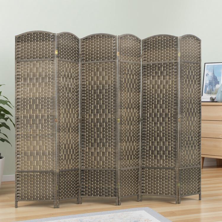 Freestanding 6-panel folding divider screen in dark rustic oak woven finish, arched shape