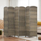 Six-panel folding room divider with woven dark rustic oak panels and arched upper edges
