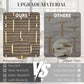 Woven folding room divider material comparison graphic with dark rustic oak style panels
