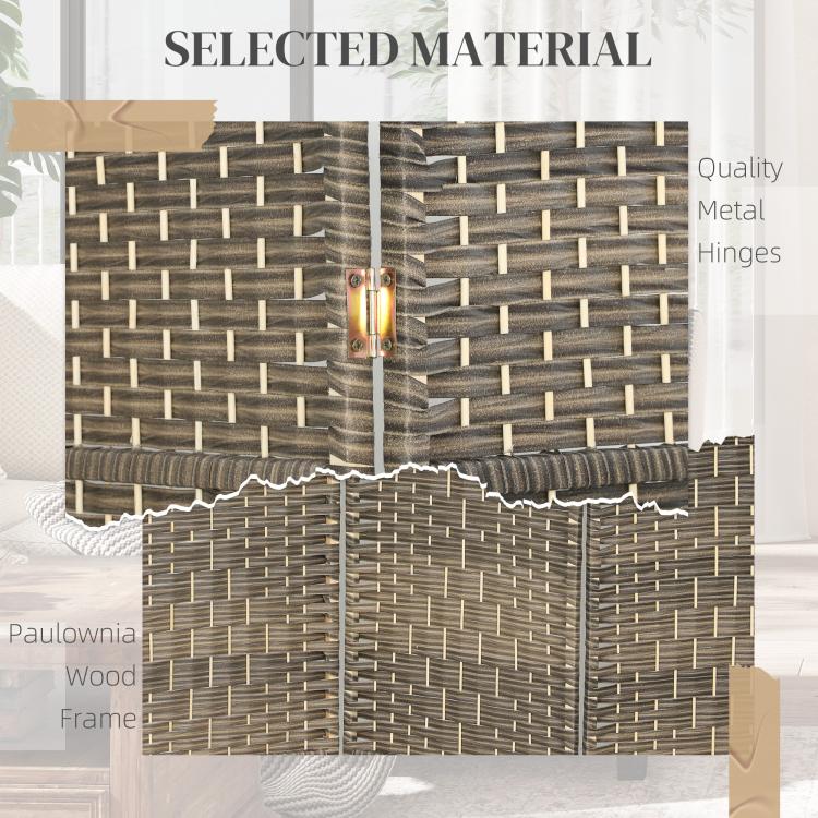Close-up of woven dark rustic oak divider with metal hinges and fold seam detail