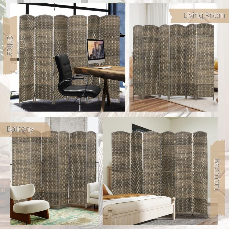 Woven 6-panel room divider shown in multiple spaces; dark rustic oak arched panels