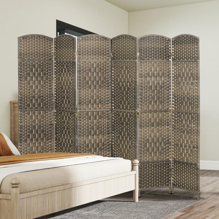 6-panel folding privacy screen in woven dark rustic oak finish with arched panel tops