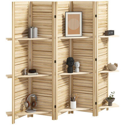 Natural wood folding room divider with built-in shelves and decorative accessories