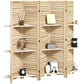 Natural wood slatted folding privacy screen with multiple display shelves