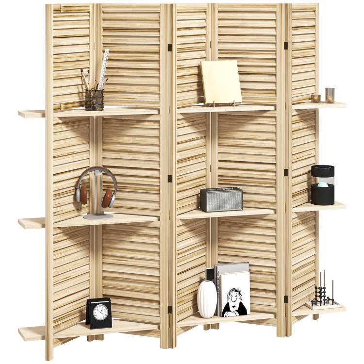 Natural wood slatted folding privacy screen with multiple display shelves