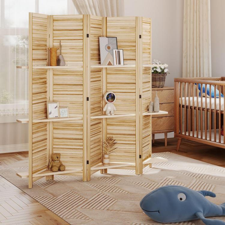 Natural wood folding privacy screen divider with 3 shelves and storage panels