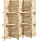 Natural wood folding privacy screen with open shelves and slatted panels