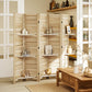 Folding wood privacy screen divider with three shelves, shown in a living space