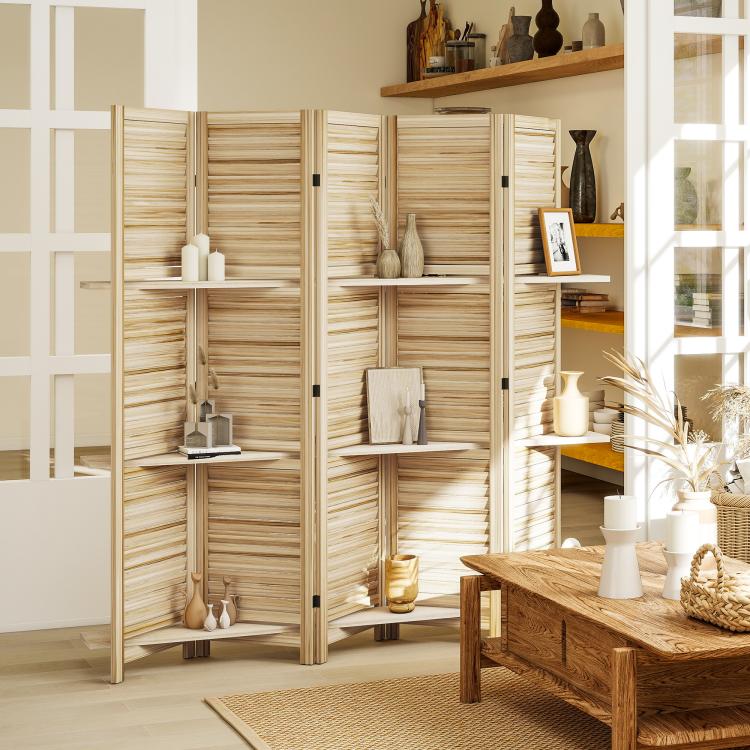 Folding wood privacy screen divider with three shelves, shown in a living space
