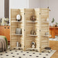 Natural wood room divider with three-tier shelves and slatted folding panels
