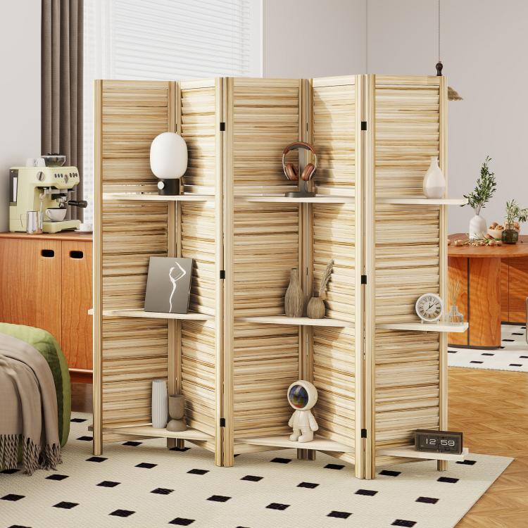 Natural wood room divider with three-tier shelves and slatted folding panels