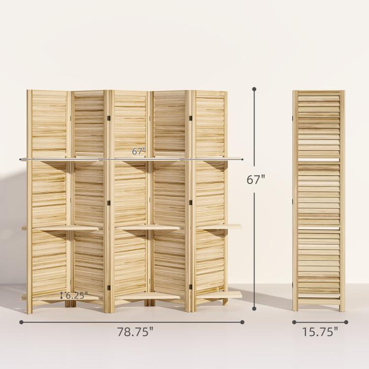 Natural wood folding privacy screen divider with shelves, 67 in tall