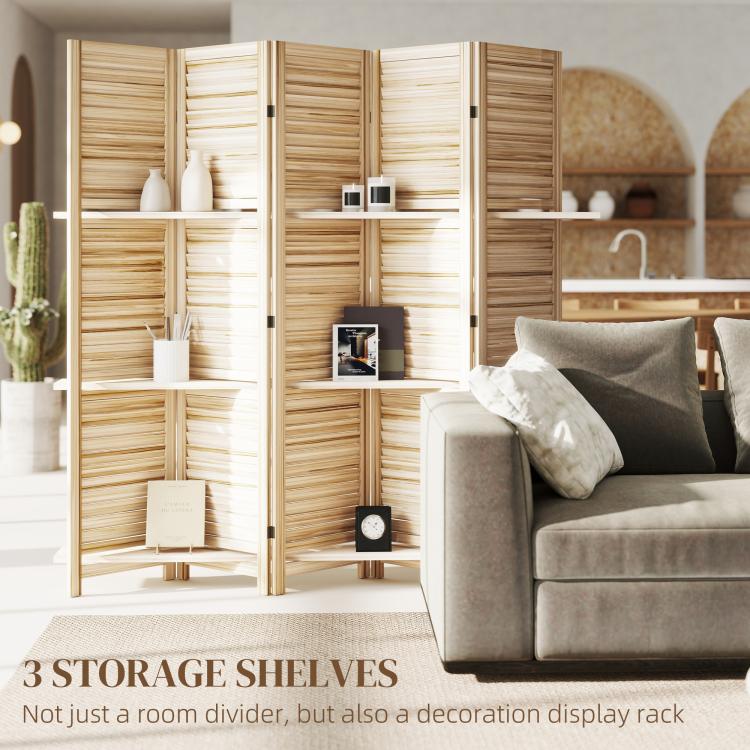 Wood slatted folding room divider with three storage shelves beside a sofa