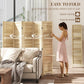 Folding wood privacy screen divider with shelves, open between walls