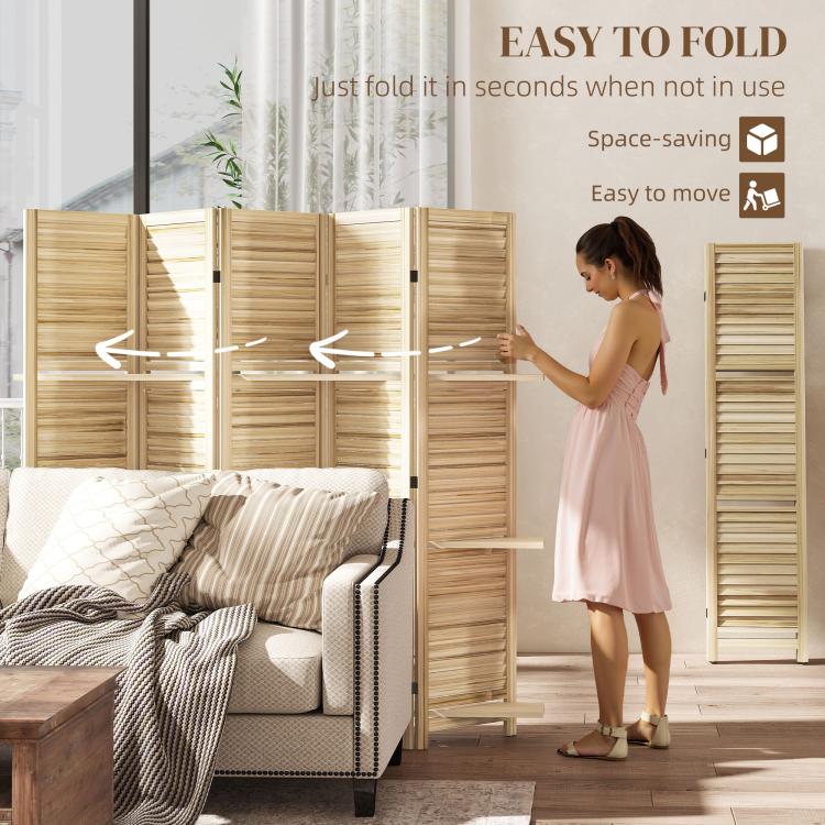 Folding wood privacy screen divider with shelves, open between walls