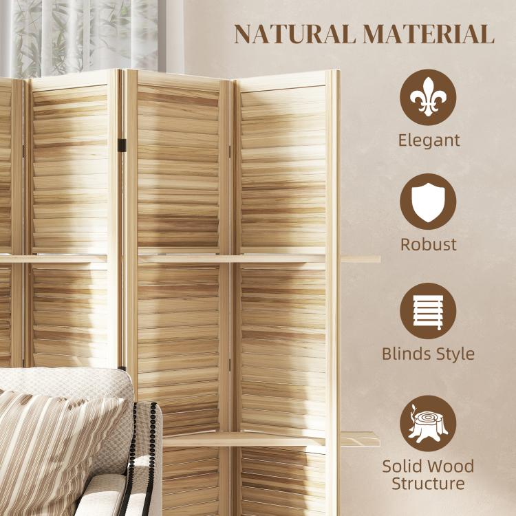 Natural wood folding privacy screen divider with slatted panels and sturdy frame