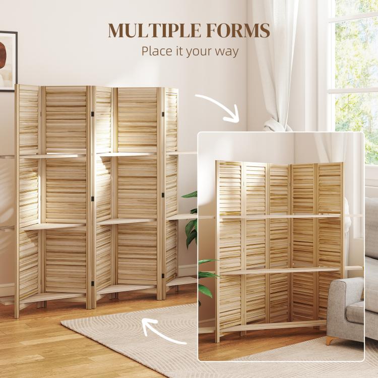 Wood folding privacy screen divider with shelves, shown in an alternate placement