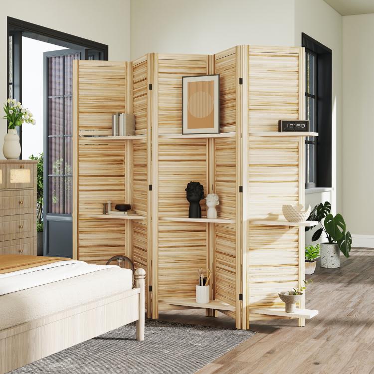 Natural wood folding room divider with shelves and slatted privacy panels