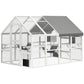 White outdoor wooden cat enclosure with gray roof and multi-level platforms