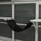 White wooden outdoor cat enclosure with curved dark platform bridge and mesh panels