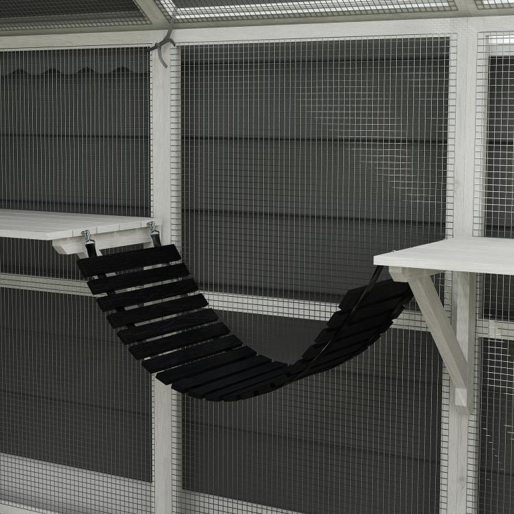White wooden outdoor cat enclosure with curved dark platform bridge and mesh panels